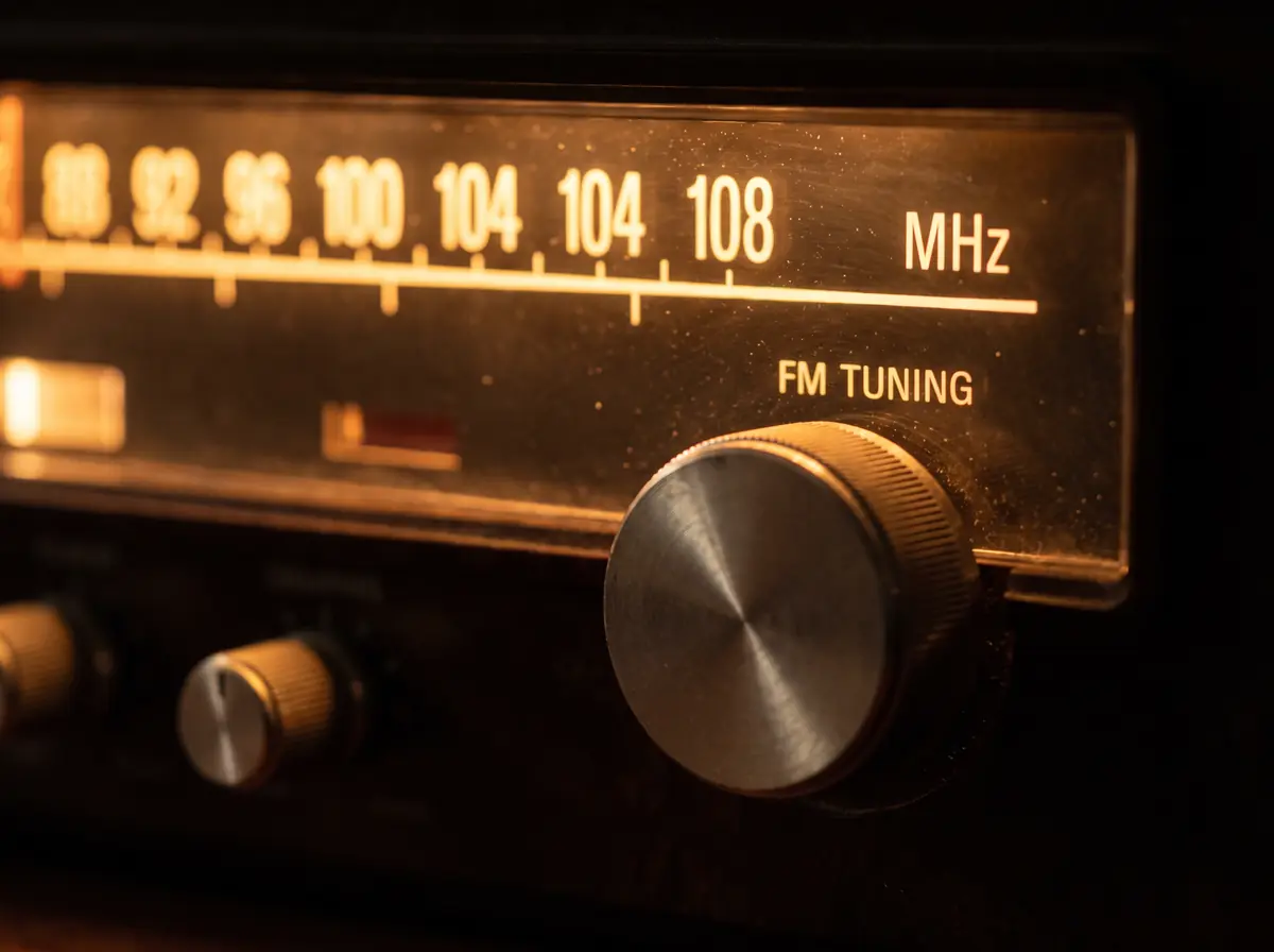 A vintage FM tuner dial glowing amber in the dark.