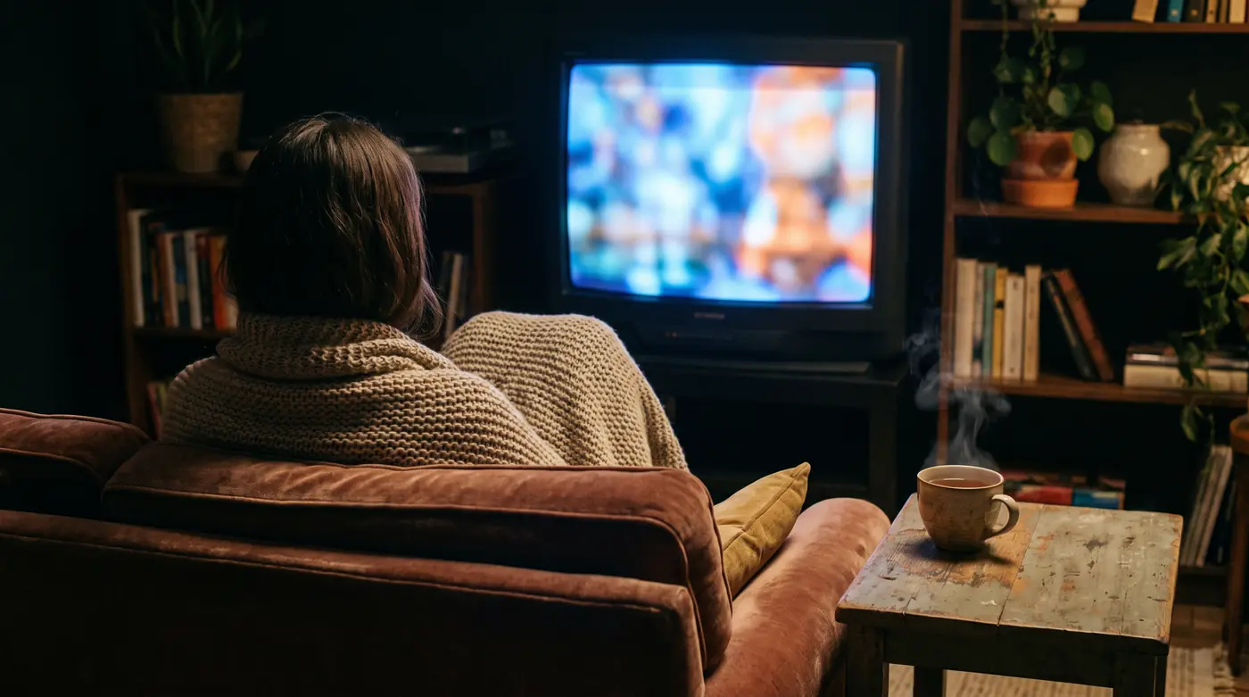 A person under a blanket watching TV in a dark living room, lit only by the screen.