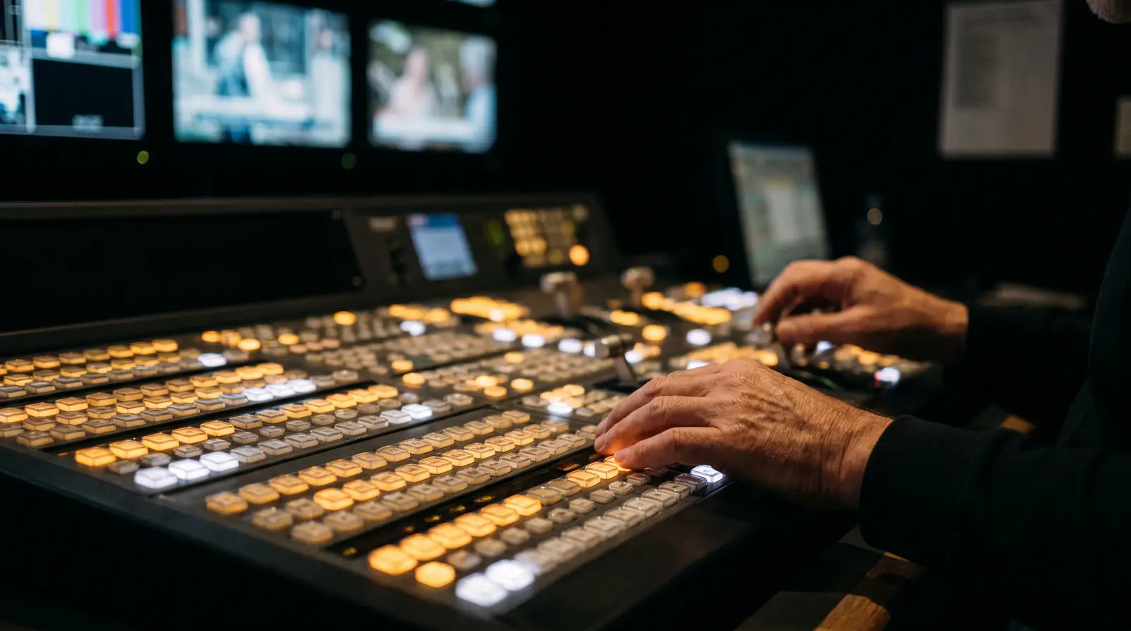 Hands on a broadcast vision mixer in a dark production gallery.