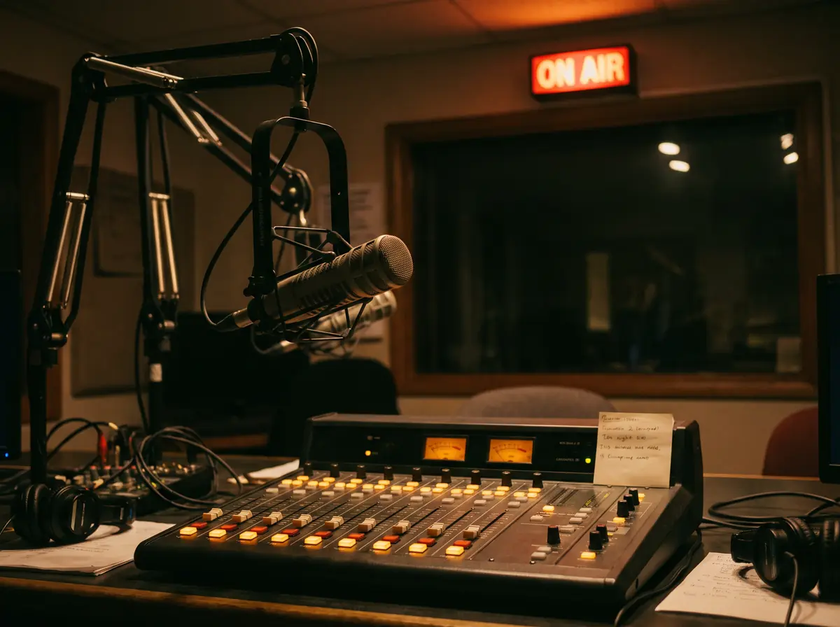 A radio studio at night: a mixing console and microphone under a glowing on-air sign.