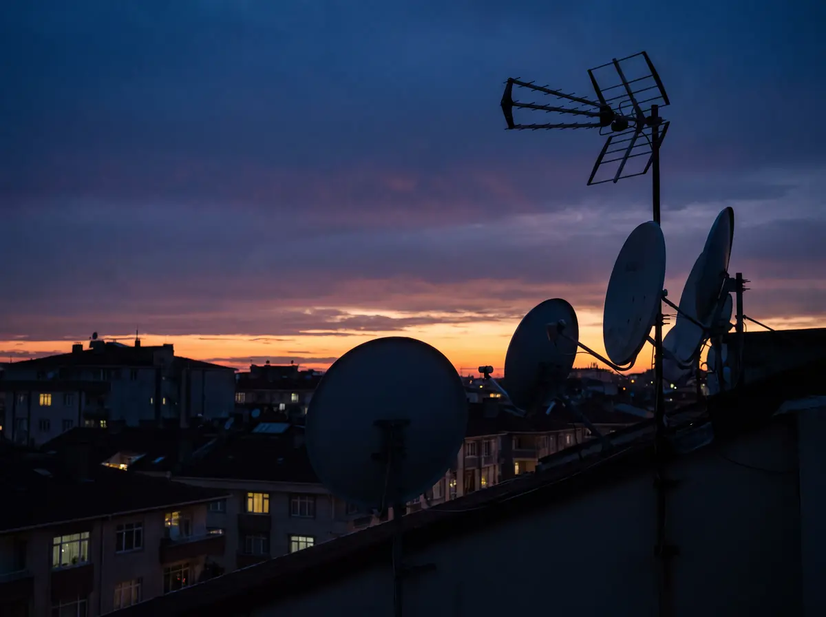 Rooftop satellite dishes and a TV aerial silhouetted against a dusk sky.
